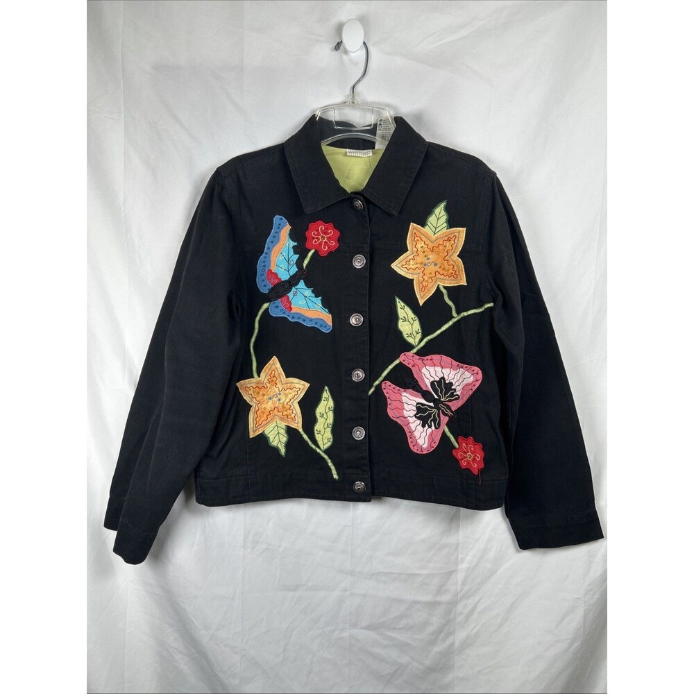 White Stag Embroidered Butterfly Floral Black Denim Jacket Size Small Button Up